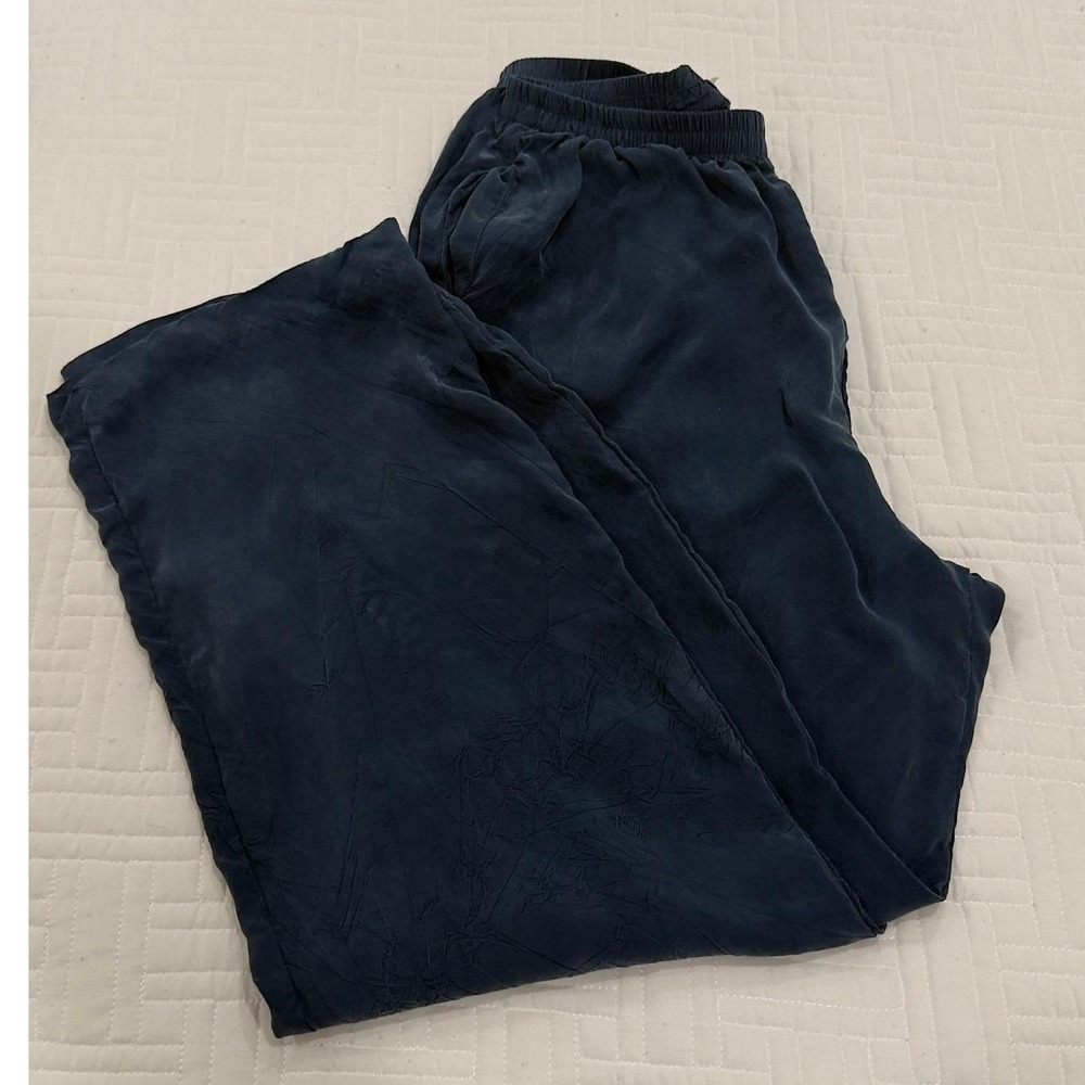 Vintage Savile‎ Row Navy Blue Bemberg Silk Wide Leg Pants Made in USA Large